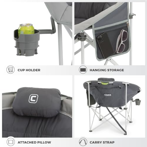 CORE Oversized Papasan Saucer Chair | Foldable Moon Lounge Chair with Cupholder & Storage Pocket for Indoor Home or Outdoor Camping | Perfect for Concert Seat, Sports, Beach, Travel & Picnic - color: Dark Gray