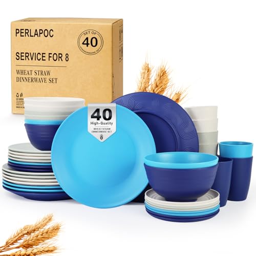 Dinnerware Set 40 PCS Wheat Straw Dishes Set - Service for 8 Unbreakable Plastic Dish Set Microwave Safe Plates and Bowls Sets Lightweight Cups Sets Outdoor Dishes - Island Colors - color: Island Series, size: 40 PCS