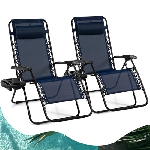 Goplus Zero Gravity Lounge Chairs, 160°Adjustable Folding Recliner w/Pillow and Cup Holder, 350LBS Comfy Outdoor Lounge Chairs for Patio, Lawn, Yard & Camp(Set of 2, Navy) - color: Navy, size: 35.4" x 25.2" x 43.3" (Set of 2)