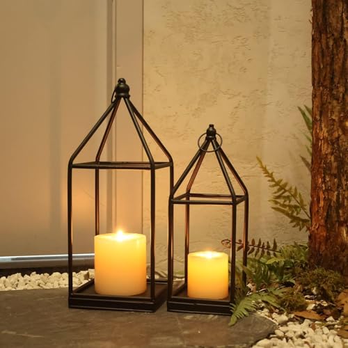 Lantern Decorative Indoor&Outdoor, 18’’&14’’ Large Black Metal Candle Lanterns Decor, Vintage Hanging Holders for Home Porch Wedding Centerpiece, Spring Farmhouse Decorations - color: 18‘’ + 14‘’ / Timer