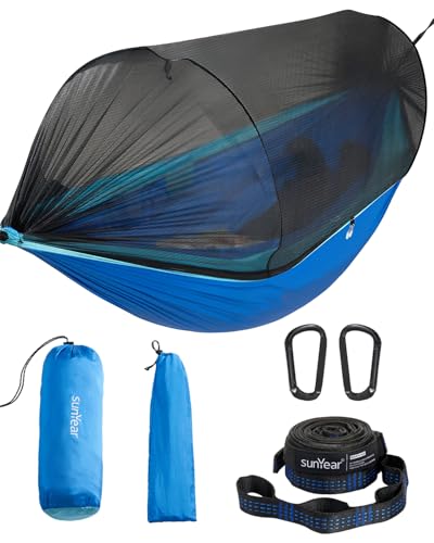 Sunyear Camping Hammock with Net - Double&Single Hammock with House-Like Net- Easy Setup & Pack, Lightweight & Portable, Perfect for Hiking, Backpacking, Outdoor Sleeping - color: Dark Blue & Light Blue, size: 106"L x 55"W