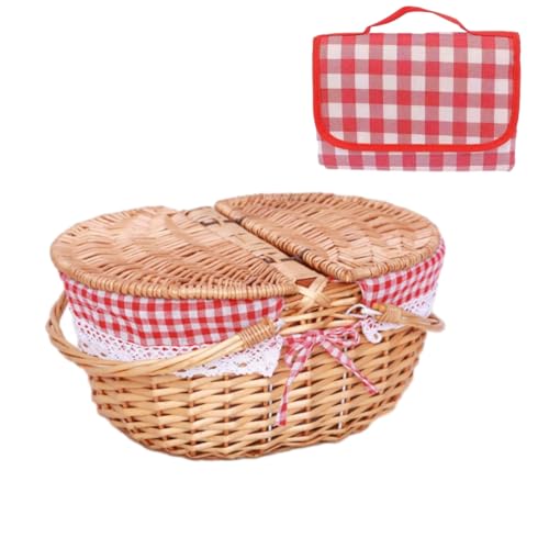 13.78" Wicker Picnic Basket with Picnic Cloth Vintage Picnic Basket with Removable Liner, Folding Handle and Lid Picnic Basket Set for Picnic, Camping, Outdoor, Valentine Day, Thanks Giving, Birthday