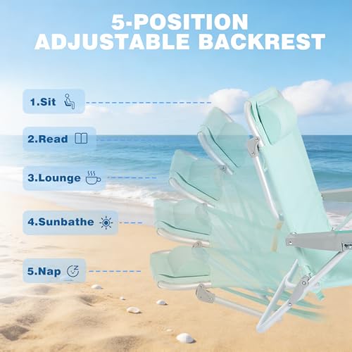 SUNNYFEEL Extra Wide Low Beach Chair 2 Pack 5 Position Lay, XL Oversized Portable Folding Camping Chairs with Cup Holder for Outdoor/Sand, Foldable Backpack Beach Chair for Adults Heavy Duty 500 LBS - color: Teal, size: 2-PACK