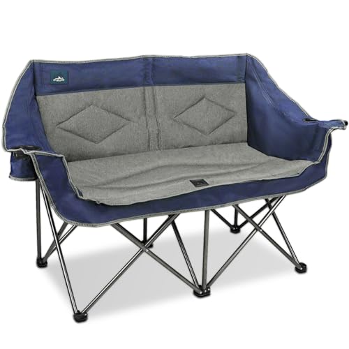 Northroad Folding Loveseat Camping Chair Portable Double Duo Full Padded Garden Chair for 2 Person Sofa w/ 2 Cup Holder,Wine Glass Holder,Mesh Storage,Support 500lbs for Picnic Beach Travel(Blue) - color: Blue&grey