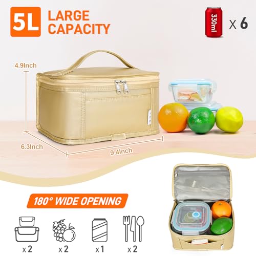 NOL Natural Organic Lifestyle Small Lunch Bag Mini Lunch Box Insulated Lunch Bag for Men/Women Leakproof Cooler Tote Bag Lightweight Nylon Waterproof Lunch Box For Work,Gold - color: Gold, size: Medium(5 Liters)
