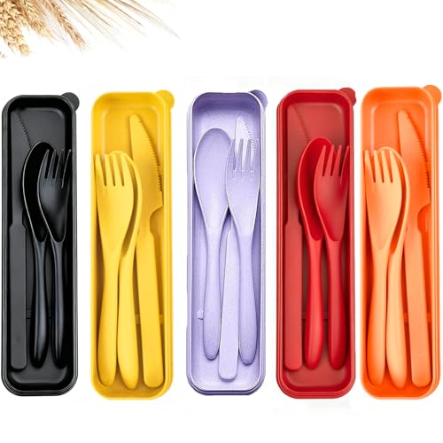 Travel Utensils Set - Reusable 5 Sets Wheat Straw Plastic Cutlery with Case, Portable Forks Spoons and Knives Set, Eco-Friendly BPA Free for Daily Use (Red,Purple,Black,Orange,Yellow) - color: Red,Purple,Black,Orange,Yellow