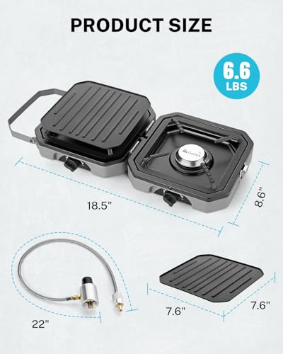 Gonex 2 Burner Propane Camping Stove with Griddle & Grates, Portable Foldable Cooking Stove with Total 16,000 BTU, Two Piezo Ignition Adjustable Burners for Camping, Patio, Emergency, Hiking (Grey) - color: Grey