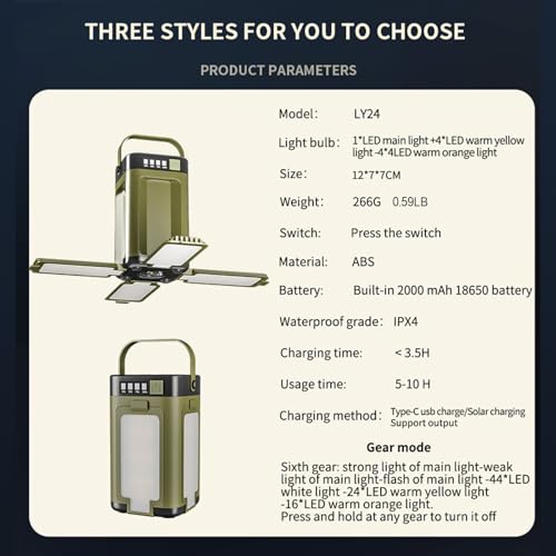 Solar Rechargeable Camping Lantern, IPX4 Waterproof Camping Light with 6 Lighting Modes, Portable Emergency Light for Tent, Travel, Power Outages, Fishing, Hunting, Exploring