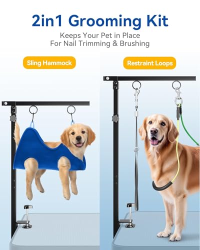 Adjustable Foldable Dog Grooming Arm with Clamp, 26–40 in Height, Safety Hammock & No-Sit Holders, Grooming Restraint for Small & Medium Dogs