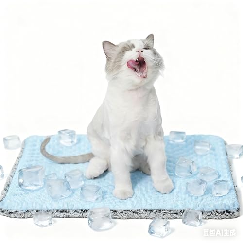 Two Uses'Cat Bed Mat,Self Warming&Cooling Cat Mat.12 * 20in.Hot/Cold Mat for Pets.Free Gel Pads and self-Heating Pads.Temperature Lock Design,Machine Washable - color: Light Blue+Gel ice pack+Selfheating pad, size: Small