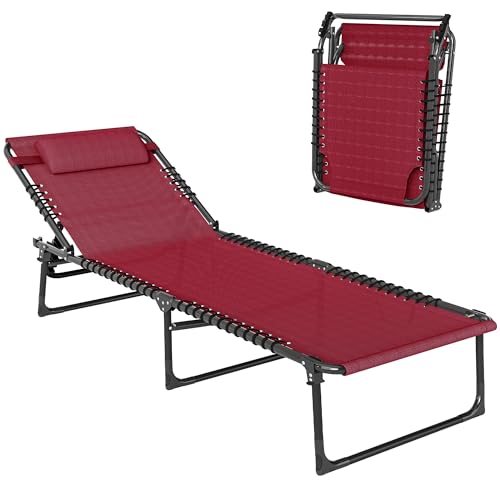 Outsunny Folding Chaise Lounge Chair, Patio Sun Tanning Chair, Outdoor Chaise Lounger with 4-Position Reclining Back, Breathable Mesh Seat for Beach, Poolside, Yard, Wine Red - color: Wine Red, size: 1 Pack
