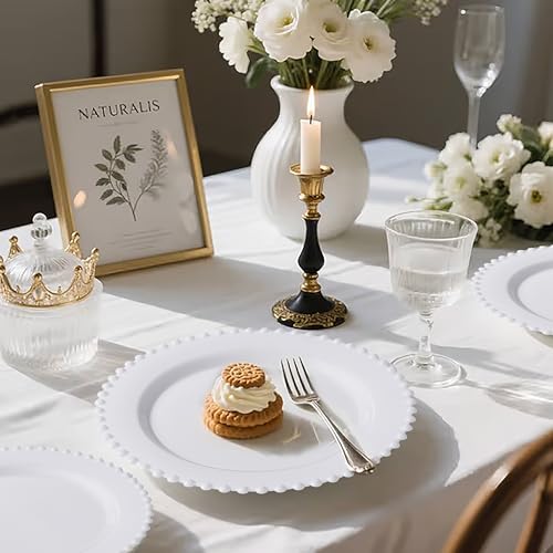 U-QE 60PCS White Plastic Plates - Fancy Beaded Plates Disposable Heavy Duty - Premium Hard Plastic Plates for Party, Wedding & Birthday Including 30 Dinner Plates 10" & 30 Dessert Plates 7" - color: White