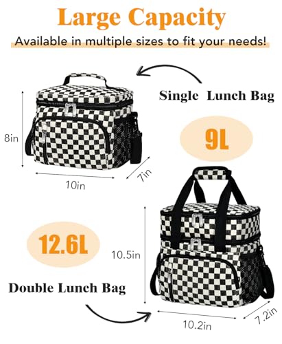 Insulated Lunch Bag for Women, Double Leakproof Lunch Box Soft Cooler Tote with 5 Pockets, 600D Oxford, EVA Lining, Adjustable Strap for Work, Picnic, Beach&Travel- Corduroy Black Checkered - color: Corduroy Black Checkered Pattern, size: Double