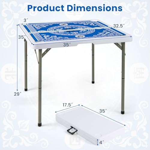 Goplus Mahjong Table, 35" Square Folding Card Table w/4Cup Holders, Anti Slip Mat, HDPE Tabletop, Metal Legs, Portable Mahjong Game Table for Domino Game, Picnic (Ocean Blue, Table w/Removable Mat) - style: Ocean Blue, Table w/Removable Mat