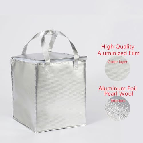 11.8×11.8×13.8" Reusable Insulated Zipper Aluminum Foil Tote Bag Suit for Picnic Cake FruitDrink Refrigeration Also for Delivery of Takeaway Thermal Pizza Insulated Delivery (Laser Silver) - color: Laser SILVER, size: 11.8×11.8×13.8"