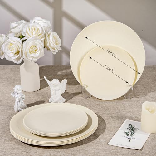 WONDERFUL 32pcs Heavy Duty Plastic Plates Reusable Unbreakable & Dishwasher safe Ivory Plastic Plates Dishes Set Reusable Plate Frosted Design Includes:16 Dinner 10" and 16 Dessert Plate 7.3" - color: Ivory