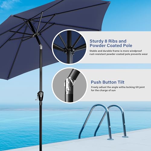 HealSmart 9ft Patio Umbrella with Push Button Tilt/Crank, Outdoor Table Market Yard Umbrella with 8 Sturdy Ribs for Garden, Backyard, Deck, Pool, Dark Blue - color: Dark Blue, size: 9FT