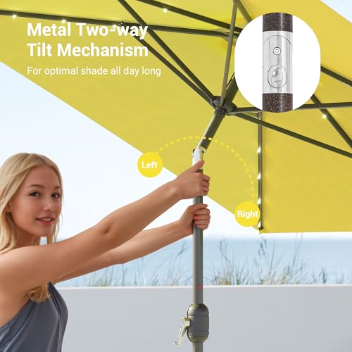 Rectangle Patio Umbrella with Solar Lights, 10 x 6.5ft Rectangular Outdoor Umbrella Table Market Patio Umbrella with Push Button Tilt and Crank for Garden, Deck, Backyard, Pool - color: Yellow