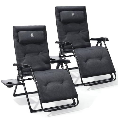 EVER ADVANCED Thick Padded Zero Gravity Chair, Oversized Reclining Lounge Chair with Adjustable Headrest & Cup Holder, Heavy Duty Support 350 lbs, Foldable for Camping, Lawn, Outdoor & Indoor - color: Black, style: 2 Pack