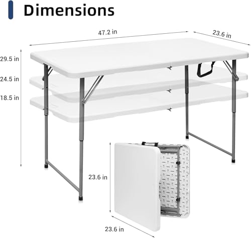 4 Foot Folding Table Adjustable Height 22-30 Inch, Heavy Duty Fold in Half Plastic Table with Steel Legs, Portable Indoor Outdoor Table for Picnic, Camping, Dining, Party - color: White-a, size: 4FT