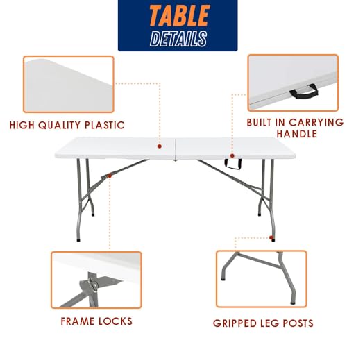 Folding Table Indoor Outdoor Heavy Duty Portable Folding Plastic Dining Table w/Handle, Lock for Picnic, Party, Camping - White (4ft, 6ft, 8ft) (6ft) - size: 6 ft