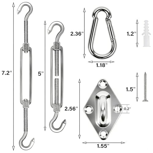 YOFIT 44 Pcs Shade Sail Hardware Kit, 5 Inch Outdoor Sun Sail Accessories, 304 Stainless Steel Turnbuckles & Brackets for Triangle/Rectangle Sails, Patio Canopy Installation Hardware Set Waterproof - size: 5 inch 44 pcs