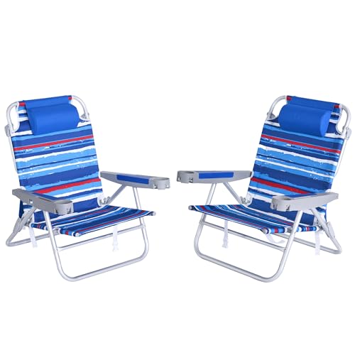 SUNNYFEEL Extra Wide Low Beach Chair 2 Pack 5 Position Lay Flat 500 LBS Heavy Duty, XL Oversized Folding Camping Chairs with Cup Holder for Outdoor/Sand, Portable Backpack Beach Chair for Adults - color: Darkblue Stripe, size: 2-PACK