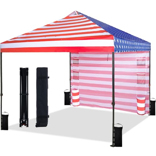 Tunbne 10'x10' Pop Up Canopy Tent with 1 Sidewall and 6 Pockets, One Push Setup, Instant Shade Tent with Vented Roof for Beach Patio Outdoor, Case, 8 Stakes, 4 Ropes, 4 Sandbags (Flag, 10x10) - color: Flag, size: 10x10