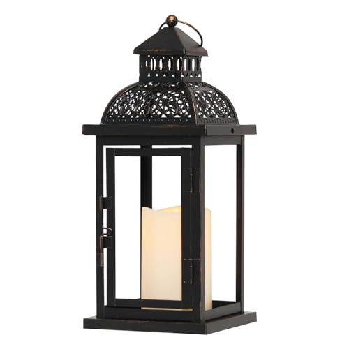 No Glass Lanterns Decorative Indoor & Outdoor, 15'' Candle Lantern Decorative Christmas Indoor Outdoor Decor, Vintage Metal Hanging Lanterns with LED Candle for Patio, Front Porch,Yard, Table - color: Black / 15''h / Timed Candle