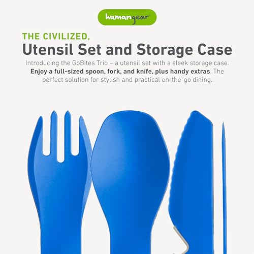 humangear GoBites Trio | Travel & Camping Utensils | Portable & Convertible Dining Ware | Multi-Functional Spork & Knife, Blue - color: Blue