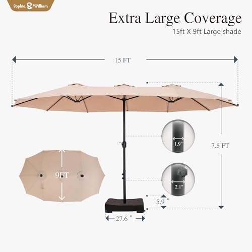 Sophia & William 15 ft Extra Large Patio Umbrella with Base Included, Rectangular Outdoor Umbrella Heavy Duty, Market Umbrella Double-sided Fade Resistant for Pool Garden Backyard, Beige - color: Beige
