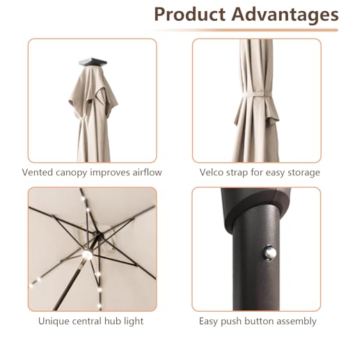 C-Hopetree Rectangular Outdoor Patio Market Umbrella with Solar LED Lights 6.5 x 10 ft - color: Beige