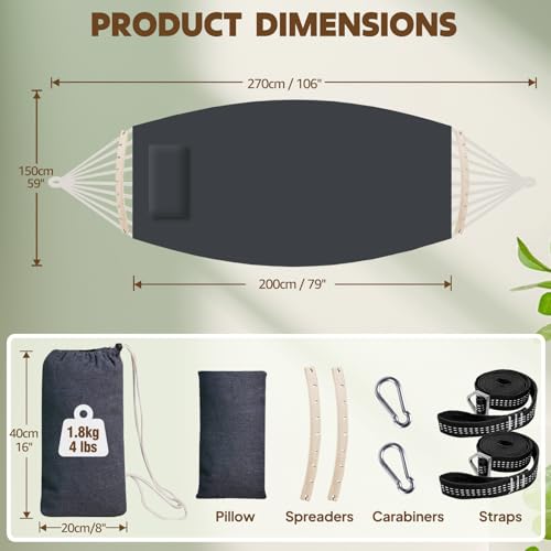 Chihee Cotton Hammock Holds Up to 660lbs Fabric Hammock 8.9x4.9ft Soft Portable Tree Hammocks Camping with Detachable Spreader Bar Pillow 2 Strong Webbings 2 Carabiners Indoor Outdoor Backyard Garden - color: Dark Grey, size: 270x150cm