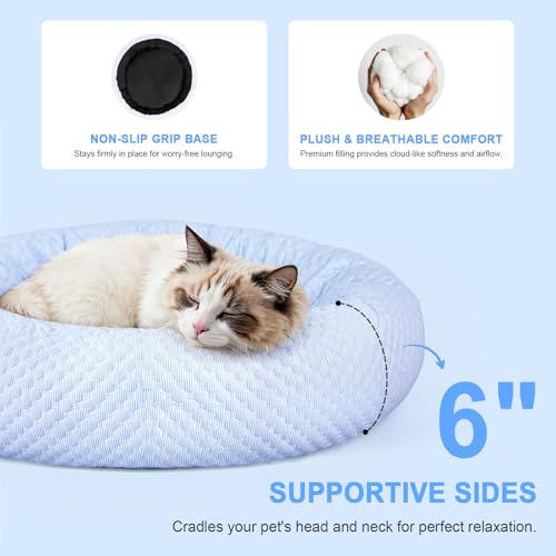 Small Donut Dog Bed - Cooling Calming Cuddler for Cats & Puppies, Anti-Anxiety Ice Fabric Round Pet Bed, Washable Comfort Dog Bed for Small Dogs, Egg Tart Design (S) - color: Blue Donut, size: Small