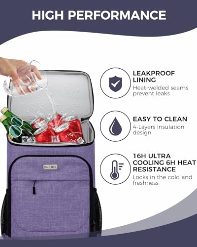 BAGLHER Lightweight Insulated Cooler Backpack - 30 Cans, Leak-Proof for Lunch, Picnic, Hiking, Camping Trips - color: purple-titan