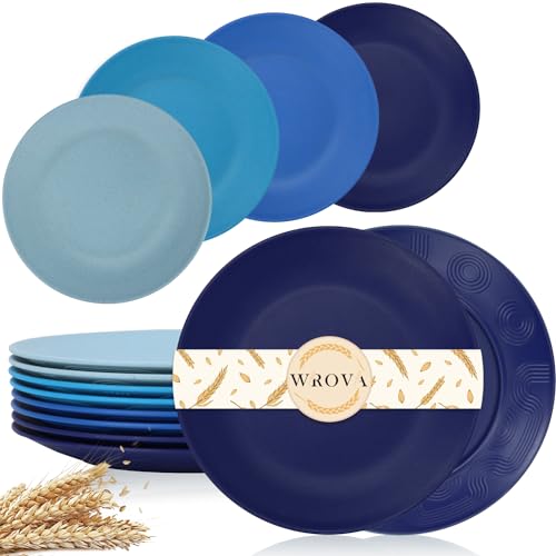 Wrova Wheat Straw Dinner Plates 10 Inch Unbreakable Set of 8 - Dishwasher & Microwave Safe Plastic Plates Reusable - Lightweight Plates for kitchen,camping,salad,appetizer - Ocean Series - color: Gradient Blue, size: 10 inch