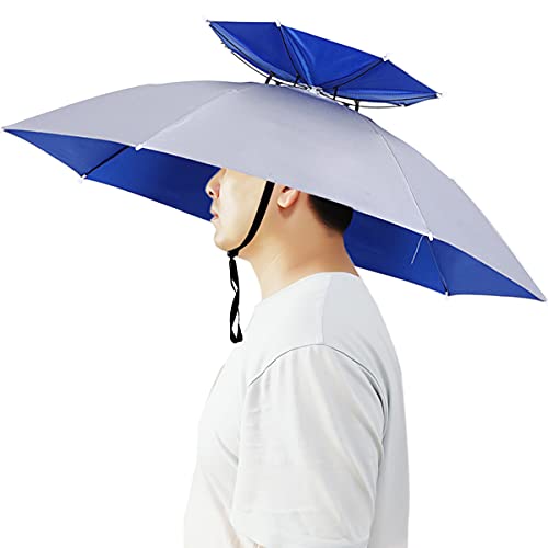 Umbrella Hat, 37 inch Fishing Umbrella Hat Hands Free Foldable UV Protection Umbrella Cap Adjustable Headwear for Fishing Golf Camping Beach Gardening Sunshade Outdoor - color: Silver/Double Layer
