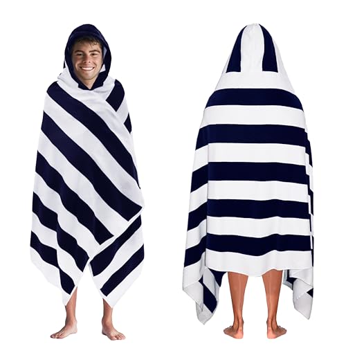 COTTON CRAFT Hooded Beach Towel - Oversized XXL 35x84 Towel with Hood for Adults - The Big Kahuna 7 Foot Beach Blanket Towel - Big & Tall Soft 100% Cotton Velour - Pool Bath Wrap - Cabana Stripe Navy - color: Cabana Stripe - Navy, size: 1 Pack - 35x84 Hoo