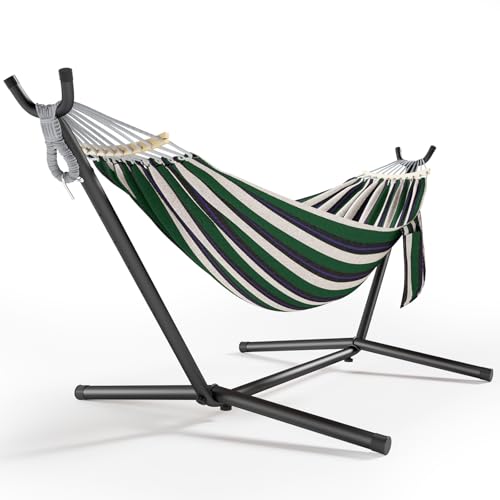 600lbs Hammock with Stand for Outside, 2 Person Portable Hammock with Side Storage, Carrying Bag, Expend Wooden Bar for Outdoor or Indoor (Green Black) - color: Green Black
