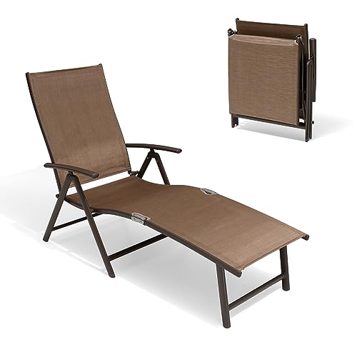 Crestlive Products Folding Patio Chaise Lounge Chair Outdoor, Aluminum Adjustable Outdoor Pool Recliner Chair, Assemble-Free, 8 Positions - color: Brown, size: 1 Pcs