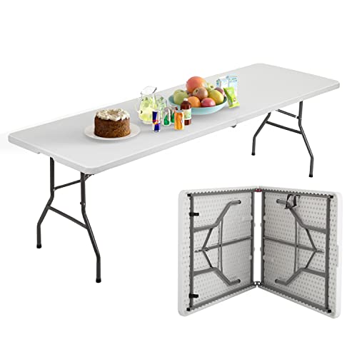 PayLessHere Outdoor Dining Table 8FT Plastic Camping Table Portable Party Table with Carrying Handle for Parties Wedding BBQ Camping Dining Kitchen - color: White, size: 8 FT