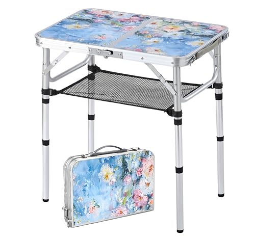 Outdoor Side Table, Portable 3 Adjustable Height Small Outdoor Folding Table, Aluminum Foldable Patio Side Tables for Outside Indoor, Plant Stand Coffee End Table for Garden, Balcony(Provence Dreams) - color: Provence Dreams
