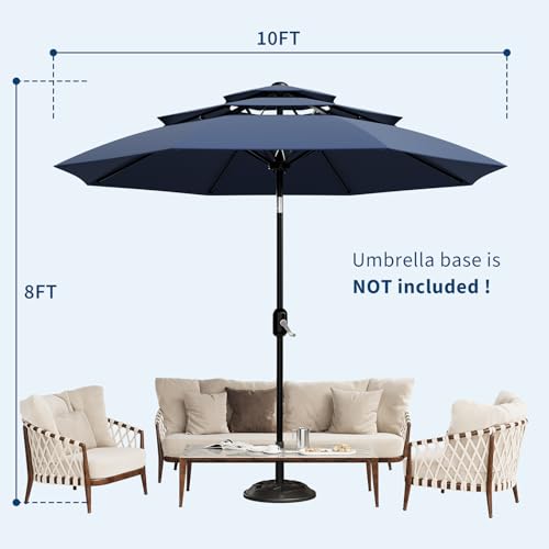 Garvee 10Ft 3-Tier Patio Umbrella, Outdoor Table Umbrella with Vents, Easy Crank and Push Button Tilt, Market Umbrella with 8 Sturdy Ribs for Pool, Deck, Yard, Garden -Navy Blue - color: Navy Blue, size: 10FT