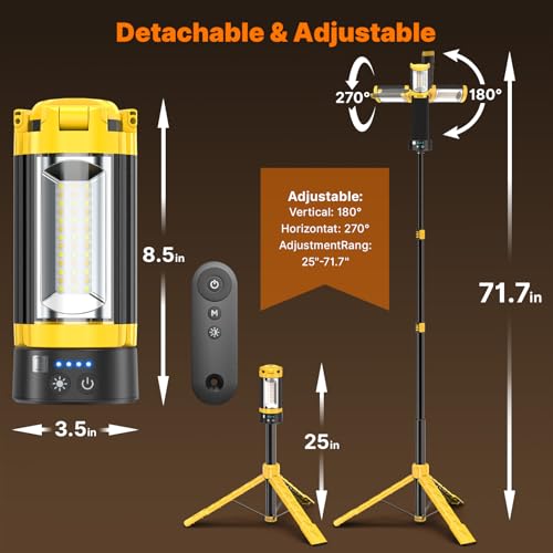 OGERY Camping Lights with Remote, 18000mAh Rechargeable Camping Lantern & LED Work Light, Detachable Tripod Stand up to 6.0 ft, 3 Lamp Heads for Camping Essentials & Emergency, Yellow - color: Yellow