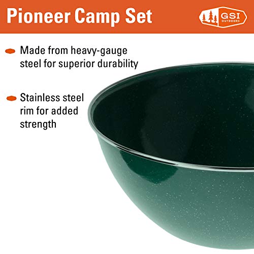 GSI Outdoors Camp Dinnerware Set I 4-Person Set Includes Pioneer Enamel Percolator, Frypan, Kettle, Bowls, Plates & Coffee Mugs - color: Green