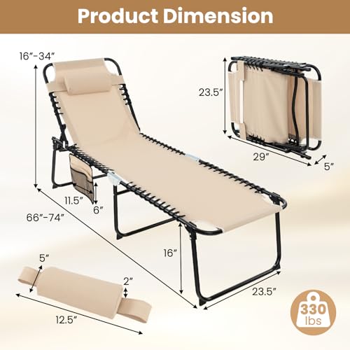GYMAX Lounge Chairs for Outside, Extra High Folding Beach Tanning Lounger with Adjustable Backrest, Footrest & Removable Pillow, Sunbath Lounge for Patio, Lawn, Poolside (1, Beige with Pocket) - color: Beige With Pocket