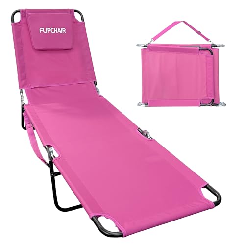 EASYGO PRODUCTS Lawn Chair Chaise Lounge 2 Legs Support Polyester Material Reclining Backrest Head Rest Pillow Great for Beach, Home, Backyard, Outdoor, Patio, Pool, Camping, Lawn or Deck Color Pink - color: Ecochair-pink