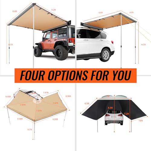 VEVOR 270 Degree Awning, Ultimate Sun Protection Vehicle Awning, Waterproof UV50+ Car Side Awnings with Carry Bag, All-Weather Free-Standing Overland Awnings Car Shelter for SUV Van Truck Camping - color: Khaki 270° 15.4*8.2ft Car Awning
