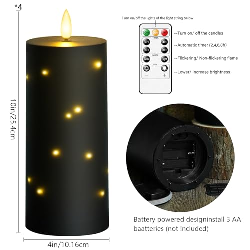 kakoya 10" x 4" Large Outdoor Waterproof Flickering Flameless Candles with Timer,4Pcs Battery Operated LED Pillar Candles with Embedded Star String for Outdoor Lanterns,Porch,Patio Decor(Black) - color: Black, size: 4PCS-D4"xH10"