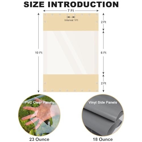 Clear Vinyl Curtains for Patio Enclosure, 23oz Heavy Duty Waterproof Anti-UV and Tear-Resistant Tarpaulin with Grommets, Weatherproof Panels for Porch, Pergola, Gazebo, Balcony, Outdoor - color: Khaki, size: 10'H X 7'W
